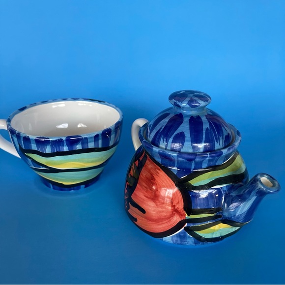 Vintage Hand Painted CERAMIC TEAPOT & CAP Made in Italy - Picture 2 of 12